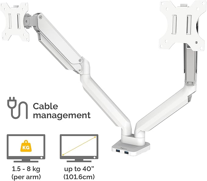 Fellowes Platinum Series Dual Monitor Arm for 40-Inch Monitors, Full Motion, 360° Rotation, VESA Mount with Grommet or Clamp, USB Ports, Ergonomic, White, 8056301