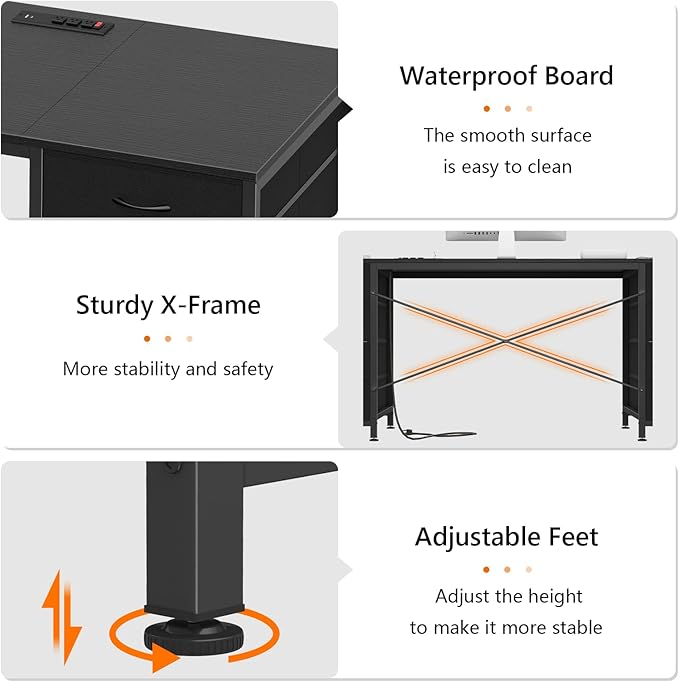 YOMILUVE 60 Inch Computer Desk with 8 Drawers, Home Office Desk with Power Outlets, Work Study Gaming Desk with 8 Fabric Drawers, Black
