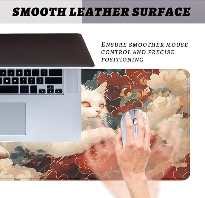 White Cat Mouse Pad Traditional Japanese Auspicious Clouds Extended Mousepad Waterproof Stitched Edges Rubber Base Non-Slip Deskmap Computer Keyboard Mat 31.5x11.8 in