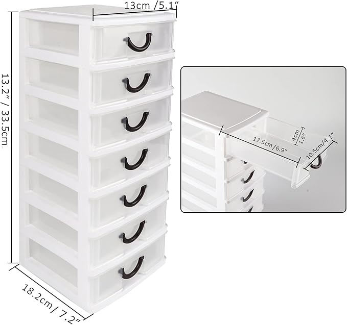 Rempry 7.1"x5.1"x13.2" Mini Organizer Box Storage Container Case with 7 Clear Desktop Drawer Units,White