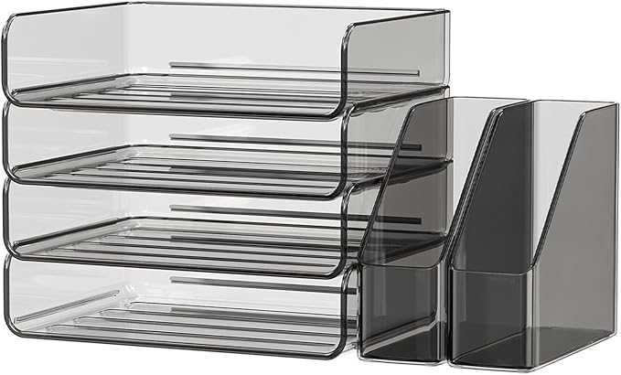 FANXIYQ 4-Tier Horizontal Acrylic Paper Tray Organizer with Booends | Clear Stackable Desk Organizer for Documents, Letters, A4 Paper | Modern Office/Classroom/Home Organization,Brown