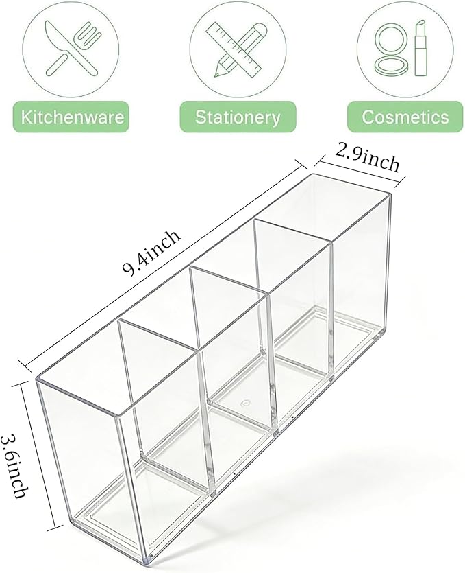 Clear 4-Compartment Organizer Box, 9.4" 3.6" 2.9" Multi-Purpose Desktop Caddy for Pens, Makeup Brushes, Office Supplies, Bathroom Countertop Storage