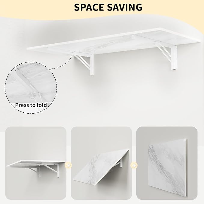 GOYLSER Wall Mounted Folding Table for Office, White Marble Fold Down Desk Laundry Folding Table Wall Mounted for Laundry Room/Home Kitchen, Length 47" Width 20.5"