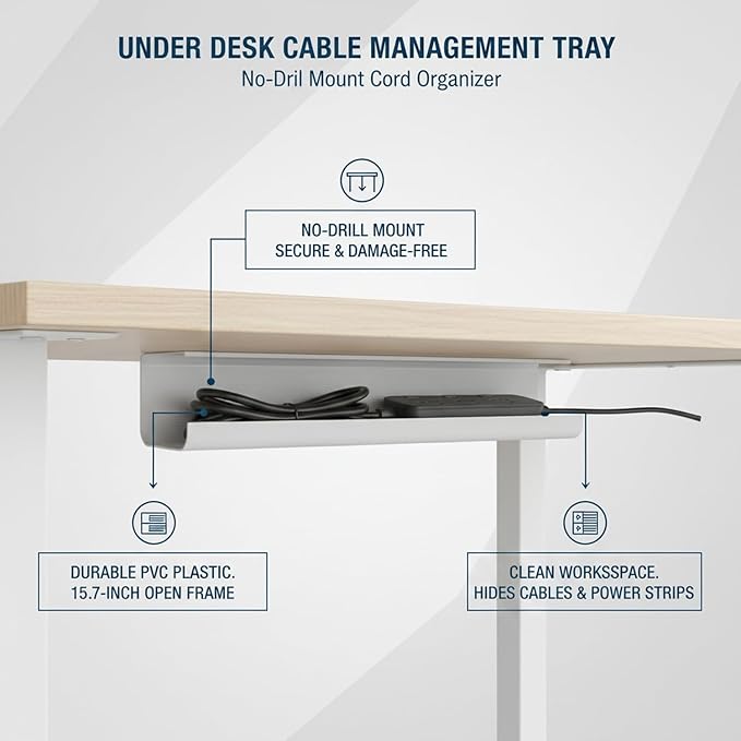 Under Desk Cable Management Tray, No-Drill Mount Cord Organizer for Power Strips and Wires, 15.7 x 3.9 x 3.5 Inches (1 PC)