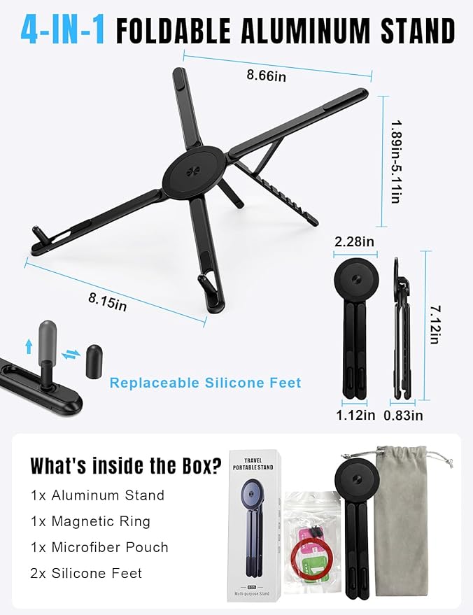Magnetic Phone Stand & Foldable Laptop Riser, Matte Black Multi-Device Aluminum Desk Mount, N52 MagSafe Tripod Grip for Travel Office, Ergonomic Elevator for MacBook, iPad & iPhone