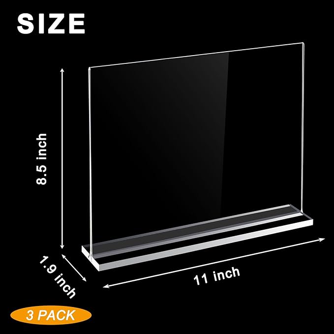 Clear Acrylic Sign Stands 11 x 8.5 Inch - 3 Pack Double-Sided Display for Restaurants, Office, Home, Store