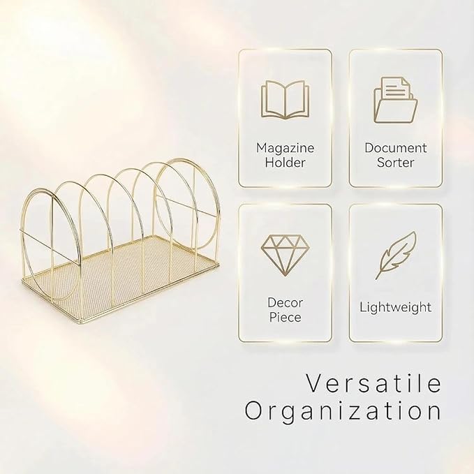 File Sorter Organizer, 5 Section Magazine Holder Rack, Desktop Round Wire Book Stand for Mail, Paper, Document, Folder, Record and Desk Accessories, Gold