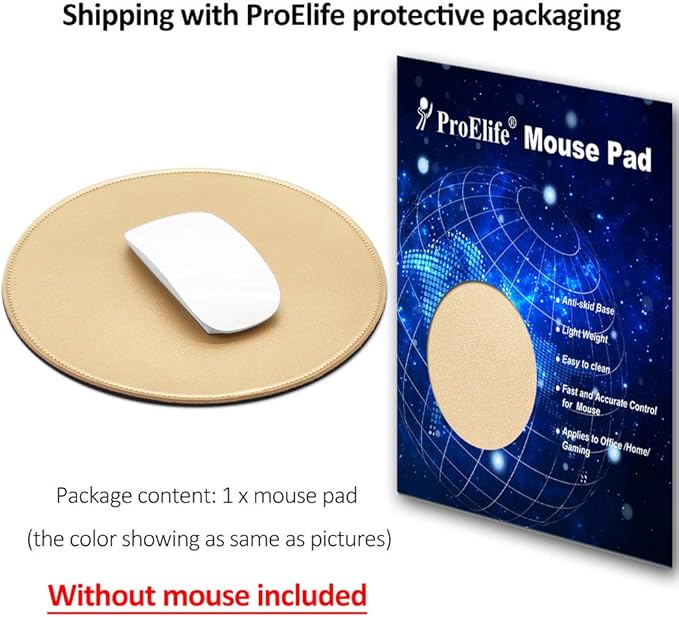 ProElife Mouse Pad for Computer Laptop Accessories, Anti Slip Cute Round Mouse Pad Waterproof PU Leather 8.66-Inch Circular Mousepad Stitched Edges Mat for Home Office School Gaming (Gold)