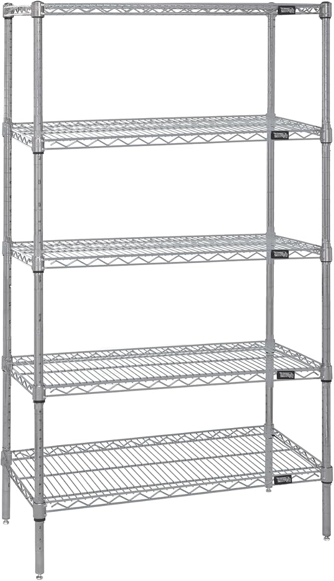 Quantum Storage Systems WR54-1236S-5 Wire Shelving Starter Kit, 36" W x 12" D x 54" H, 600 lbs Capacity, Stainless, Stainless, NSF