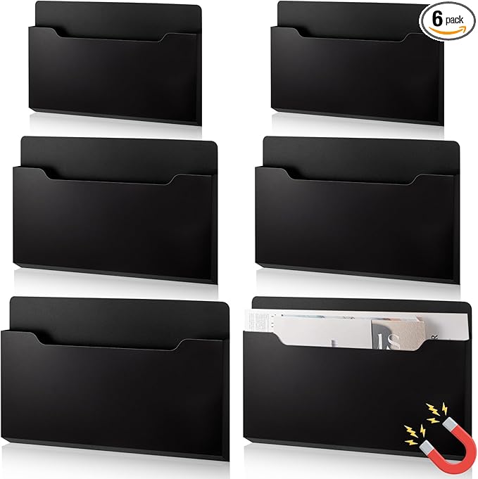 Fuutreo 6 Pcs Magnetic Wall File Organizer Magnetic Wall File Holder Refrigerator Magazine Holder for Mail Letters Paper(Black,Horizontal-3 Mixed Size)