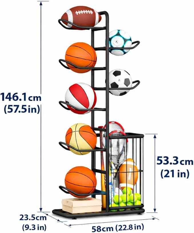 7-Ball Sports Equipment Storage Rack with Ball Holder and Basketball Rack, Athletic Gear Organizer ball Stand - Organize Toys, Sports Gear and More, 57.5" (Black)