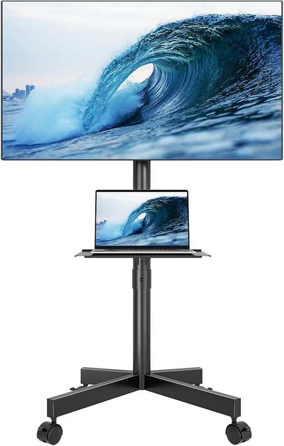 BONTEC Mobile TV Stand for 23-65 Inch TVs, Rolling TV Stand with Locking Wheels, Adjustable Height, Media Shelf, Outdoor TV Stand Max VESA 400x400mm, Holds Up to 88lbs