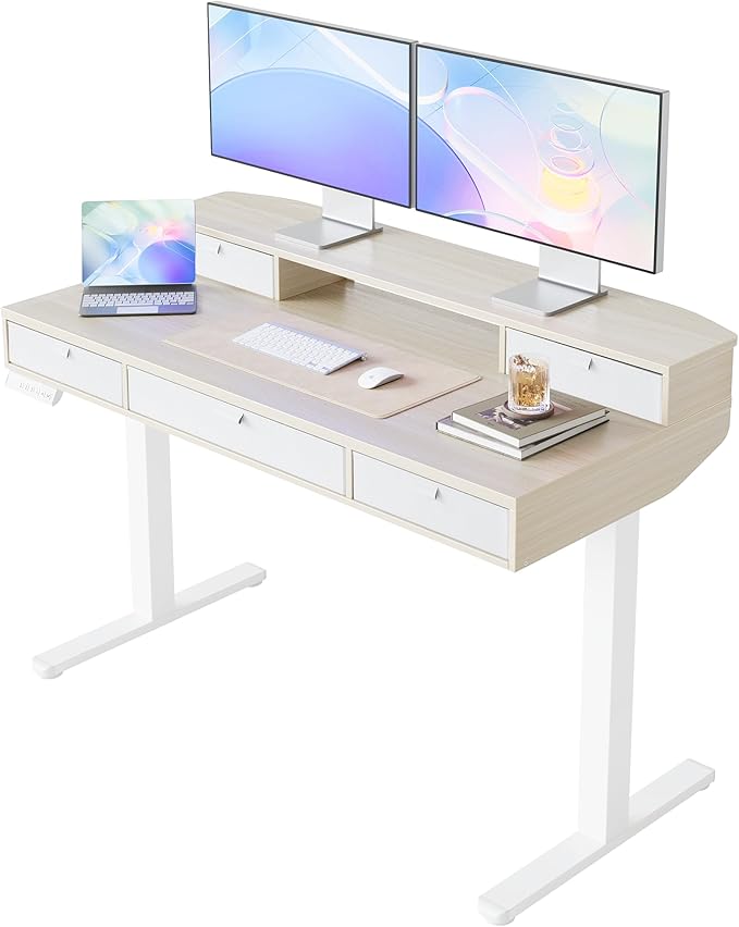 HUANUO 48 X 24 inch Electric Standing Desk with 4 Drawers, Adjustable Height Sit Stand Home Office Desk, C-Clamp Mount Compatible, Ergonomic Stand up Desk with 4 Preset Heights, Natural