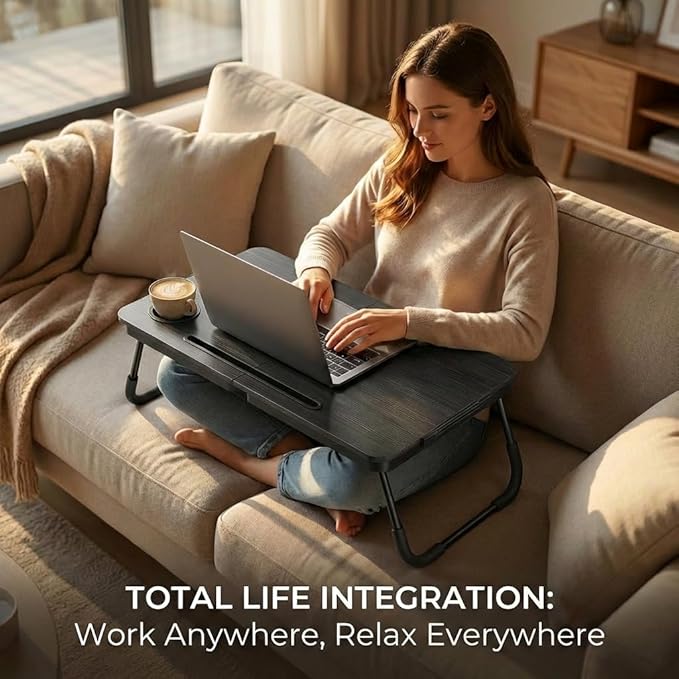 BUYIFY Foldable Laptop Bed Desk for Couch, Sofa - Large Lap Desk Tray Table with Cup Holder and Tablet Slot - Portable Notebook Stand for Eating, Writing, Studying and WFH (Black)-OKS1