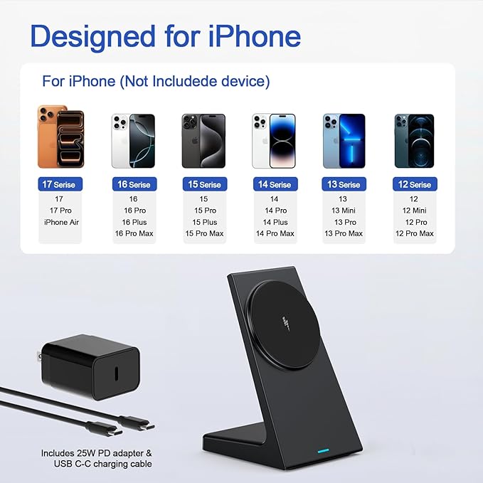 20W Wireless Charger Stand for iPhone, Wireless Charger Fast Charging Station for iPhone 17/16/15/14/13/12, Magnetic Phone Charger Stand for Desk/Bedside