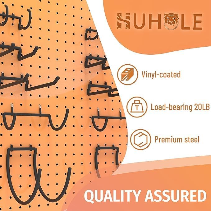 HUHOLE 10-Pack Heavy Duty Pegboard Hooks for Power Tools & Garage Organization, Vinyl-Coated Steel Drill Holders & Utility Hangers, Fits Standard 1/4" Pegboards (Black) | Heavy Duty