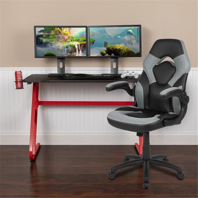 BOWERY HILL 2 Piece Z-Frame Gaming Desk Set, 51.5" W Desk with Black Laminate Top, Red Frame, Cup Holder, Headset Hook, Ergonomic Adjustable Chair, Gray Mesh Inserts, Contemporary Style for Gamers