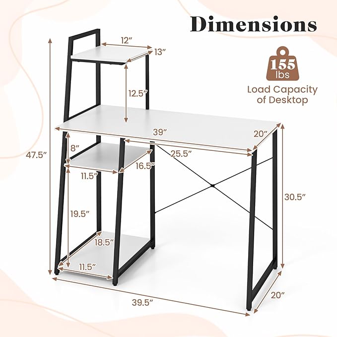 Tangkula Computer Desk with Shelves, Space Saving Home Office Desk with 3-Tier Ladder Shaped Storage Bookshelf, Modern Writing Study Desk with Metal Frame, Compact Computer Workstation (White)