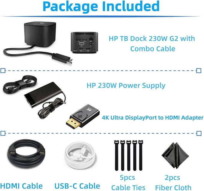 HP Thunderbolt Dock 230W G2 with Combo Cable 3TR87UT 3TR87UT#ABA 3TR87UTR Docking Station and Charging Bundle w/ 230W Power Supply, HDMI Cable, USB-C Cable, 4K DisplayPort to HDMI Adapter