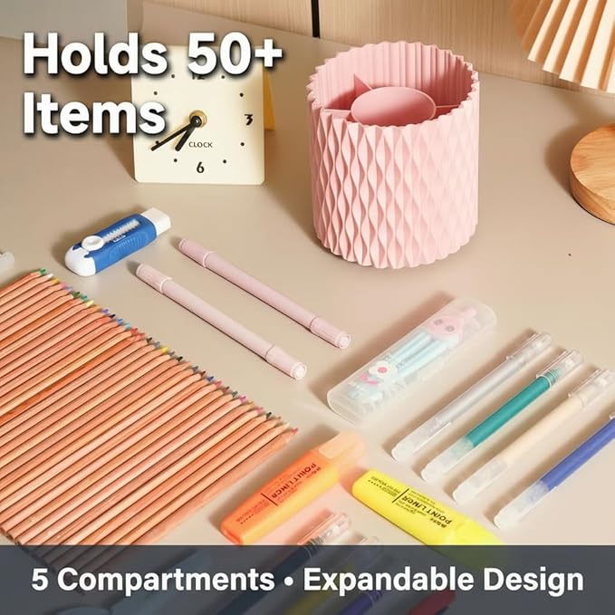 Pink Pen Holder for Desk, 360° Rotating Pencil Holder with 5 Slots - Spinning Desk Organizer & Pencil Cup for Art Supply, Office Pen Organizer for Home, School, Desk Accessories