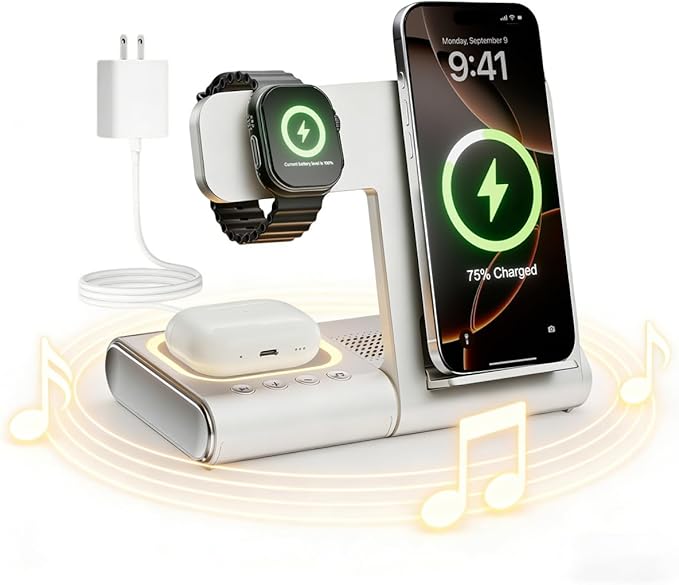 BLKE 3 in 1 Wireless Charging Station with Bluetooth Speaker & Night Light, 33W Foldable Bedside Charger Stand for iPhone 17/16/15/14/13, Apple Watch, AirPods Pro & Samsung Galaxy Phone