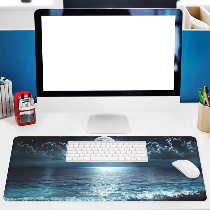 Night Beach Gaming Mouse Pad Moonlit Ocean Mystic Sea Large Gaming Mouse Mat with Stitched Edges,Non-Slip Waterproof Rubber Base Mous Mat 31.5"x11.8"