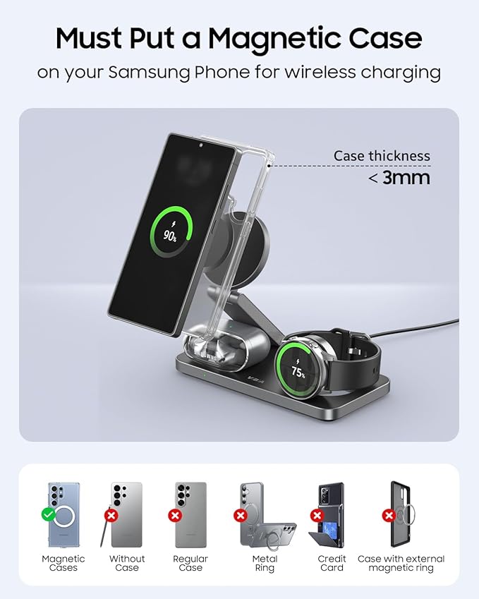 3 in 1 Foldable Magnetic Wireless Charging Station for Samsung, Wireless Charger Stand for Galaxy S26 Ultra S25/S24 /Note 20/Flip 7/Fold 7, for Galaxy Watch Ultra/8/7/6,Galaxy Buds 3/3 Pro