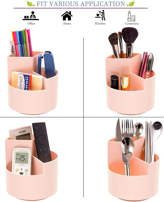 Siveit Desk Pencil Pen Holder, Desk Organizers 3 Slots 360-Degree Rotating Pen Holder for Desktop Storage Stationery Supplies Organizer, Home, Office, School, Kids, Peach Pink