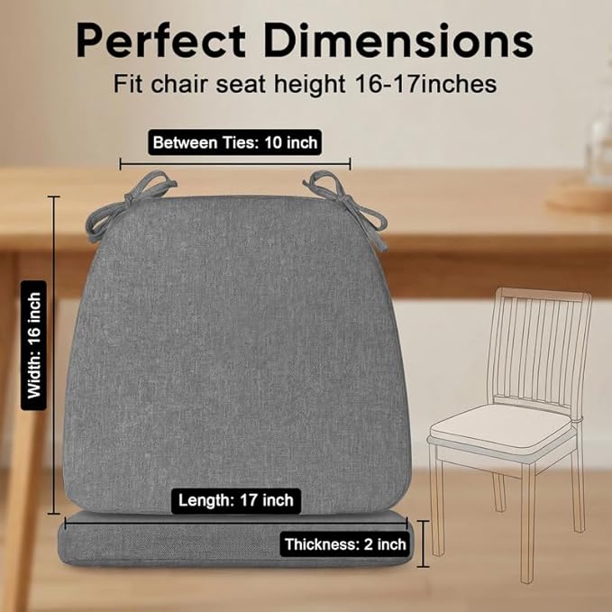 Chair Cushions Set of 6, D-Shaped Seat Cushion for Chair, Non Slip Chair Pads with Ties, 17" x 16" x 2", 40D Foam, Removable Washable Cover, Seat Cushions for Kitchen Chairs, Grey