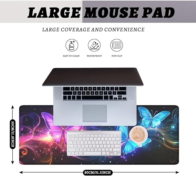 Neon Butterfly Desk Mat Magic Colorful Fantasy Dream Mousepad XL Large Gaming Mouse Pad Laptop Keyboard Mat Desk Pad 31.5"x11.8"