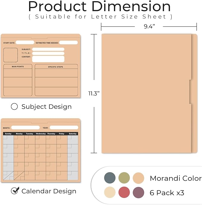 Y YOMA 18 Pack File Folder Jackets Letter Size Paper Pocket File Folder with Reinforced Straight-Cut Tab Pre-Printed Job Folders No Expansion Organizer for Office, Assorted Colors, Calendar Design