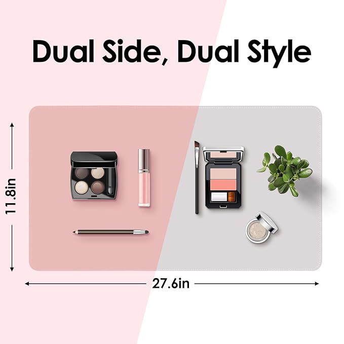 Makeup Mat for Vanity to Protect Desk Top 27.6 x 11.8 in, Dual-Sided Makeup Mat, Easy to Clean Desk Pad - Waterproof and Oilproof Vanity Accessories (Pink and Silver)