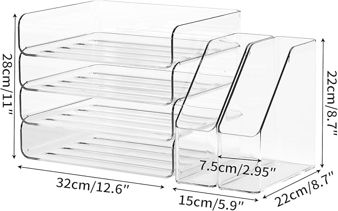 FANXIYQ 4-Tier Horizontal Acrylic Paper Tray Organizer with Bookends | Clear Stackable Desk Organizer for Documents, Letters, A4 Paper | Modern Office/Classroom/Home Organization
