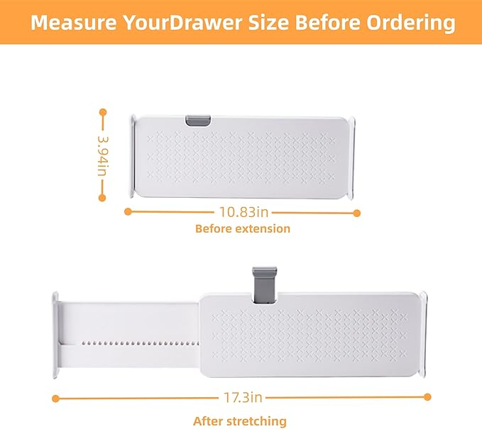 Adjustable Drawer Dividers with Matching Inserts, Expandable Drawer Organizers 3.94" High, 10.83-17.3" Length, for Clothing Kitchen Office (2 Dividers with 2 Matching Inserts)