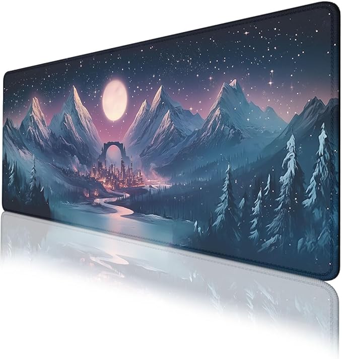 Fantasy City Mouse Pad Night Moon Mountain Landscape Extended Mousepad Waterproof Stitched Edges Rubber Base Non-Slip Deskmap Computer Keyboard Mat 31.5x11.8 Inch