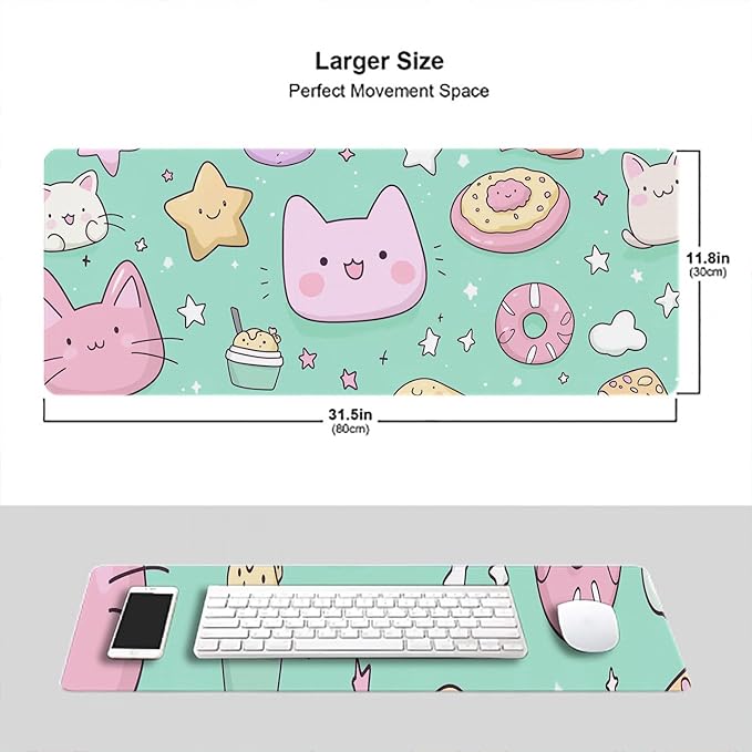Cute Cat Desk Pad Mouse Pad Stars Donuts Clouds Cartoon XL Mouse Pad Large Mousepad Extended Laptop Keyboard Mat Gaming Desk Pad Mouse Mat 31.5"x11.8" Office Computer Keyboard Laptop Home