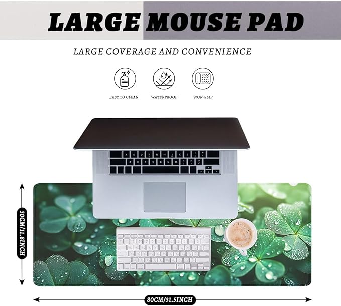 Four Leaf Clover Gaming Mouse Pad St Patricks Day Green Shamrock Extended Mousepad Waterproof Stitched Edges Rubber Base Non-Slip Deskpad Computer Keyboard Mat 31.5x11.8 in