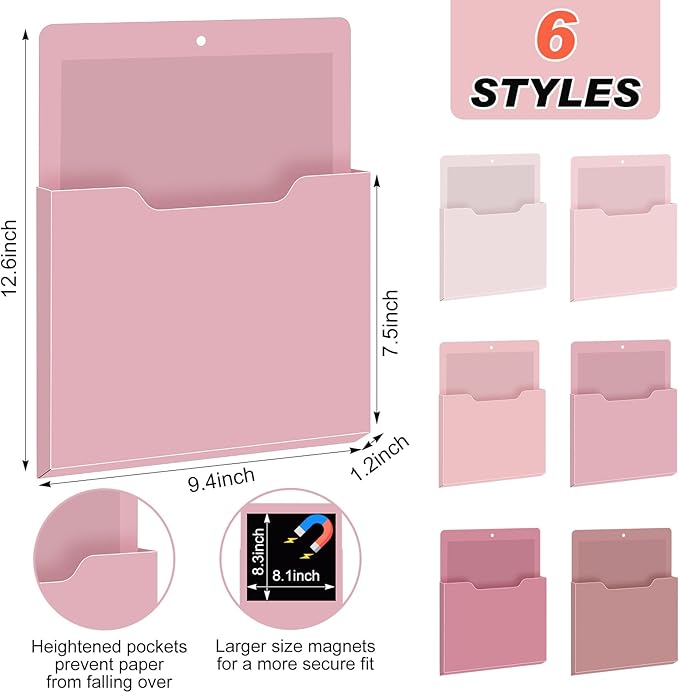 Fuutreo 6 Pcs Magnetic Wall File Organizer Magnetic Wall File Holder Refrigerator Magazine Holder for Mail Letters Paper(Rose Pink,Vertical-large)