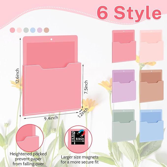 Fuutreo 6 Pcs Magnetic Wall File Organizer Magnetic Wall File Holder Refrigerator Magazine Holder for Mail Letters Paper(Aesthetic Color,Vertical-large)