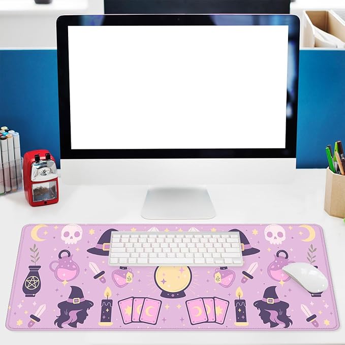 Cute Witch Desk Pad Mouse Pad Purple Cartoon Boho Magic Tarot Large Gaming Mouse Mat with Stitched Edges,Non-Slip Waterproof Rubber Base Mous Mat 31.5"x11.8"