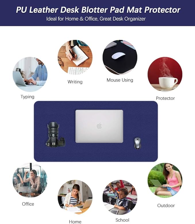 Office Desk Mats Pad Table Protector 16 X 32 Inch PU Leather Desk Blotters on Top of Desks Computer Laptop Keyboard Mouse Pad Organizer Double Side Desktop Cover Writing Mat for Girl Kids Blue/Yellow