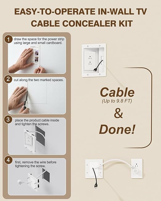 in-Wall TV Cable Management Kit, Recessed Dual AC Outlet Box w/Brush Wall Plate, 9.8FT, UL Listed Safe Design, Easy DIY Install w/Hardware & Hand Saw, Cable Hider for Wall-Mounted TV & Home Theater