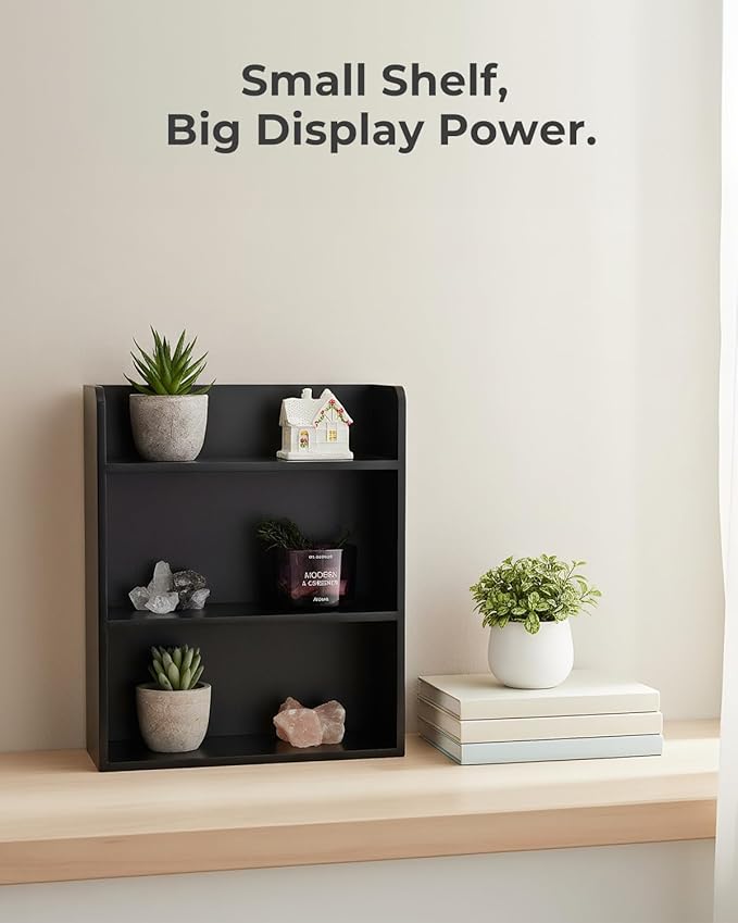 3-Tier Trinket Shelf, 10" x 12" Small Display Shelf for Desk or Wall, Wooden Knick-Knack Shelves for Collectibles, Perfume & Crystal Storage, Black