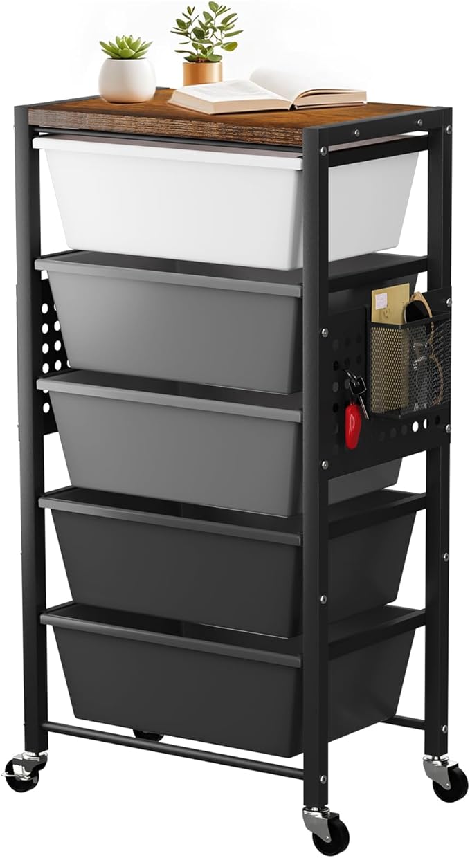 Rolling Cart with 5 Drawers, Plastic Drawer Storage Carts with Wheels & Wooden Tabletop, Metal Utility Cart with Pegboards, Office Living Room Classroom Craft Organization and Storage, Dark Grey