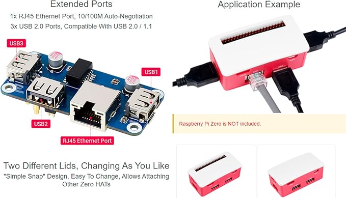 Ethernet/USB HUB HAT Board with ABS Case for Raspberry Pi Zero 2 W/Zero 2WH, with 3X USB Ports, Compatible with USB 2.0/1.1 and 1x RJ45 Ethernet Port 10/100M Auto-Negotiation