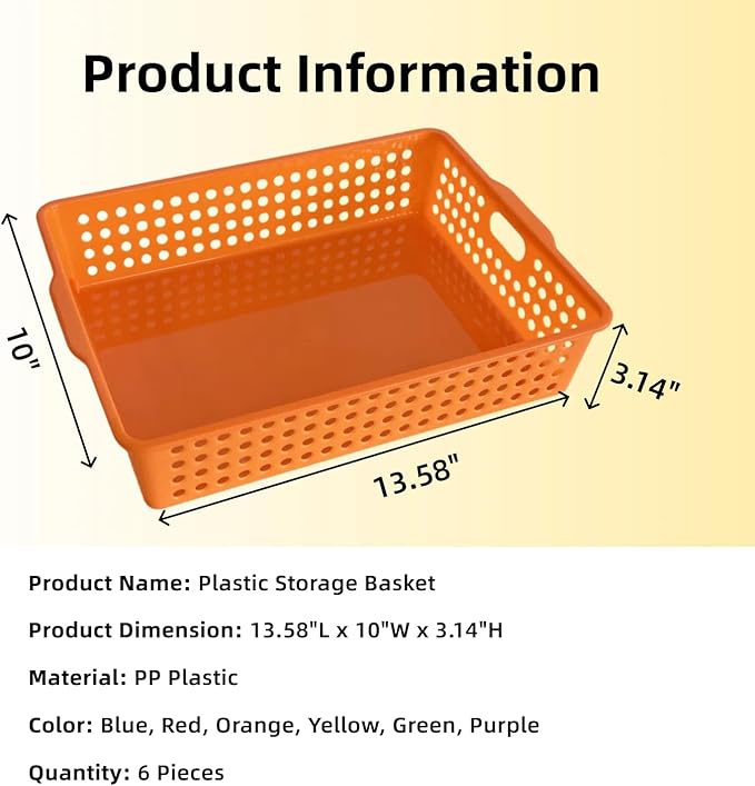 RAUVOLFIA 6 Pack Plastic Turn in Paper Trays for Classroom, Colorful Storage Bin Basket Organizers for School Supplies, Classroom Organization and Storage Tray Holds 4A Paper (Bright Color)