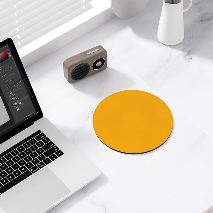Leather Mouse Pad, Office Mouse Mat Non-Slip Rubber Base Stitched Edge Washable Waterproof Round Mousepad for Office Gaming PC Laptop, Round Diameter 8.7 inches, Apricot Yellow