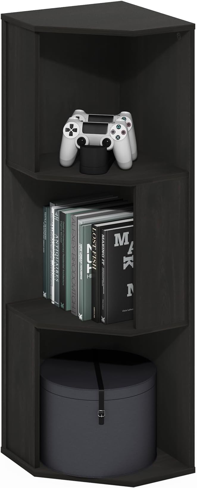 Furinno ECON Corner Shelf, 3-Tier Corner Book Shelf, Standing Storage Shelves, Cube Display Rack, Bookshelf, for Organization and Storage, Living Room, Home Office, Dark Espresso