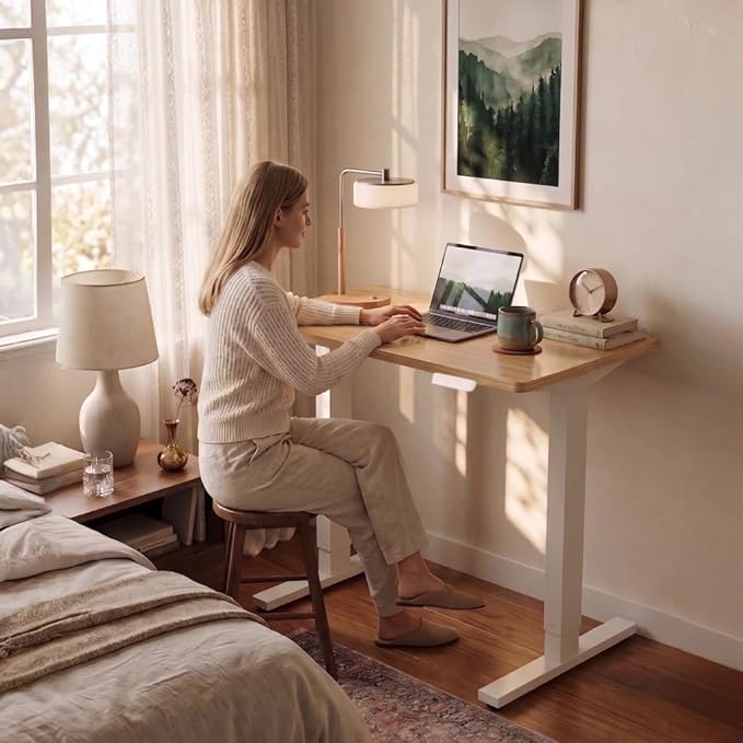 HUANUO 55 x 28 inch Electric Standing Desk Adjustable Height, 4 Memory Height Settings, Sit Stand Up Desk for Home Office & Computer Workstation, Light Walnut