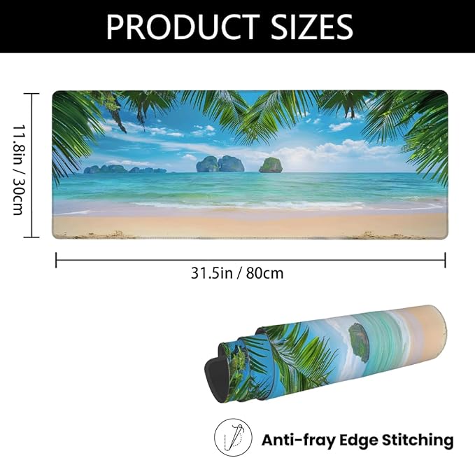 Summer Sea Palm Beach Large Mouse Pad Non-Slip Rubber Long Gaming Desk Mat Big Computer Keyboard Mousepad Waterproof Protector Wristing Pad for Gaming Office Home Decorative 31.5 X 11.8 Inch